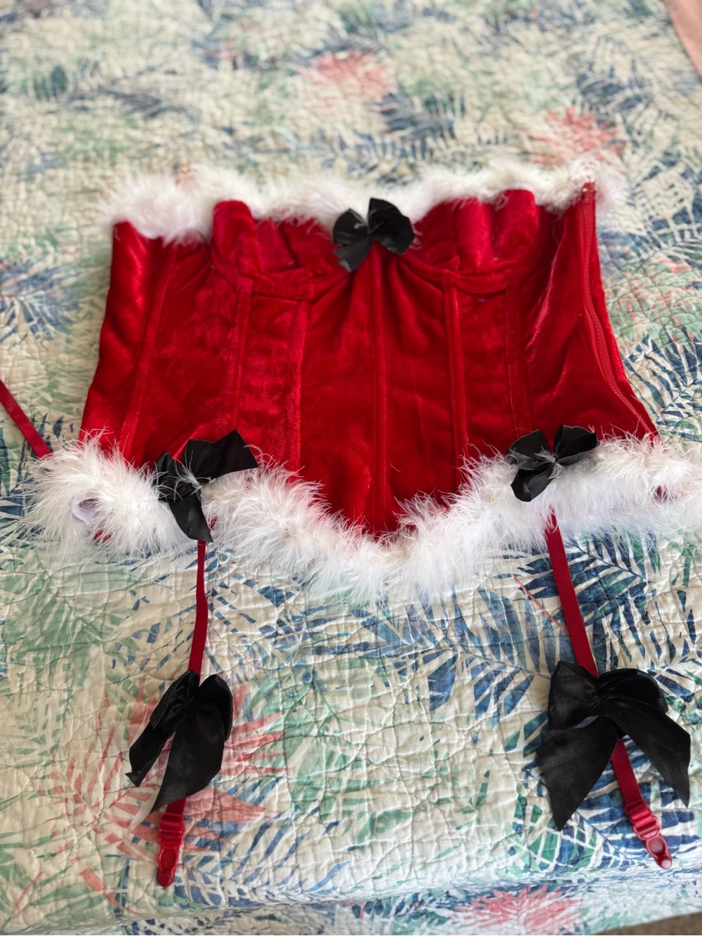 Sexy Santa Red Velvet Corset Bustier Fur Trim Garters
